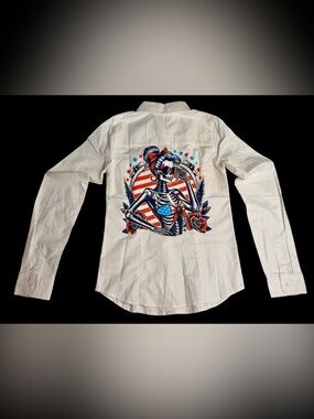 White Women’s Long-Sleeve Shirt with Patriotic Graphic Front/Back Size small